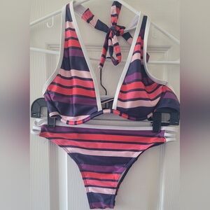 Striped Bikini Set with Halter Neck